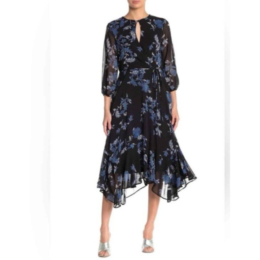 Maison Tara Midi Dress 14 Flowy Floral Blue Black 3/4 Long Sleeve Fairy Washable